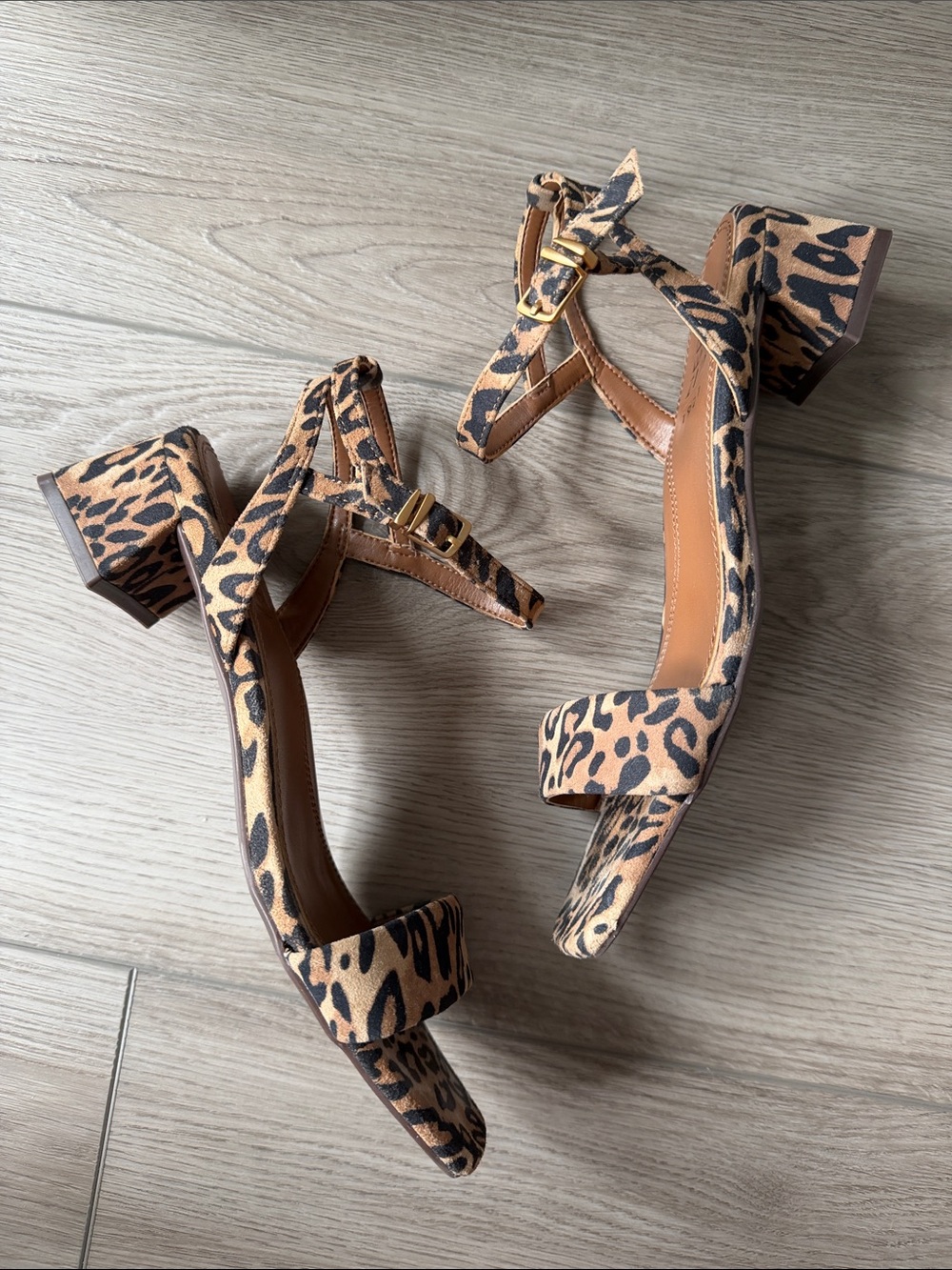 Suede leopard print ankle strap sandals